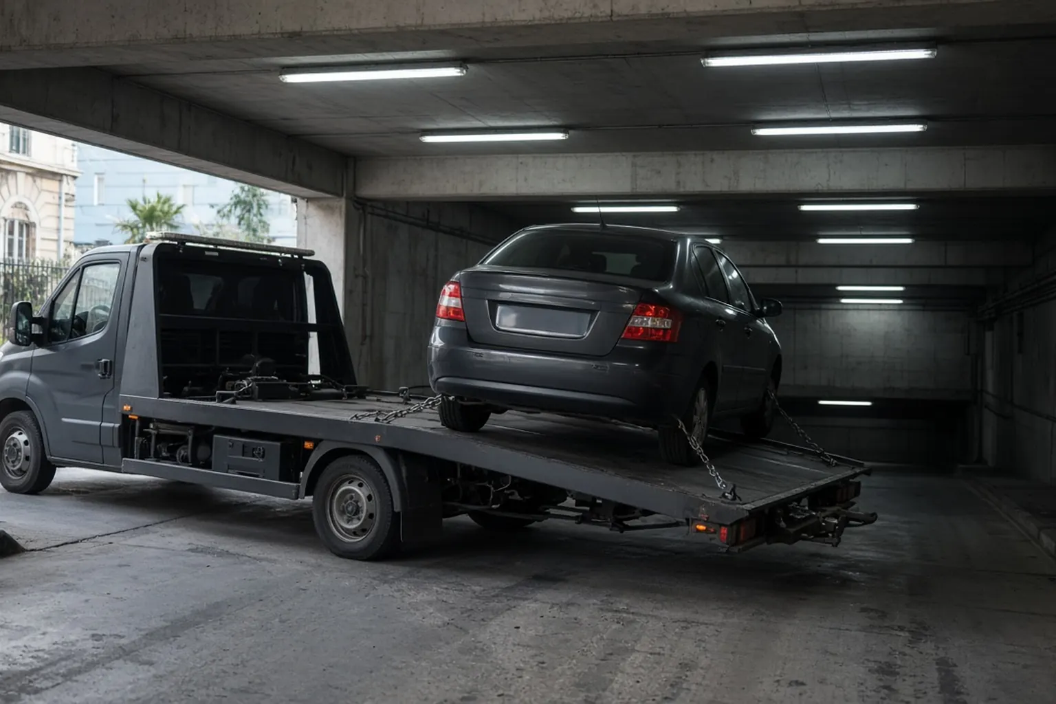 Remorquage parking souterrain — plateau bas