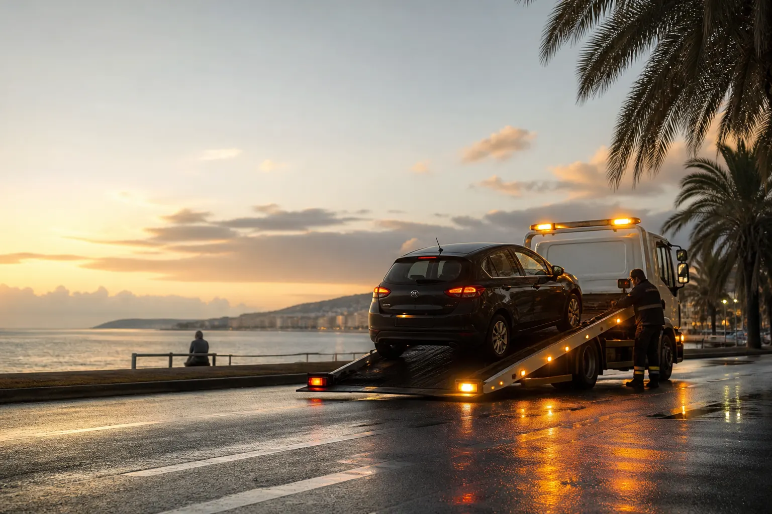 Remorquage Nice — plateau chargeant une voiture sur le littoral